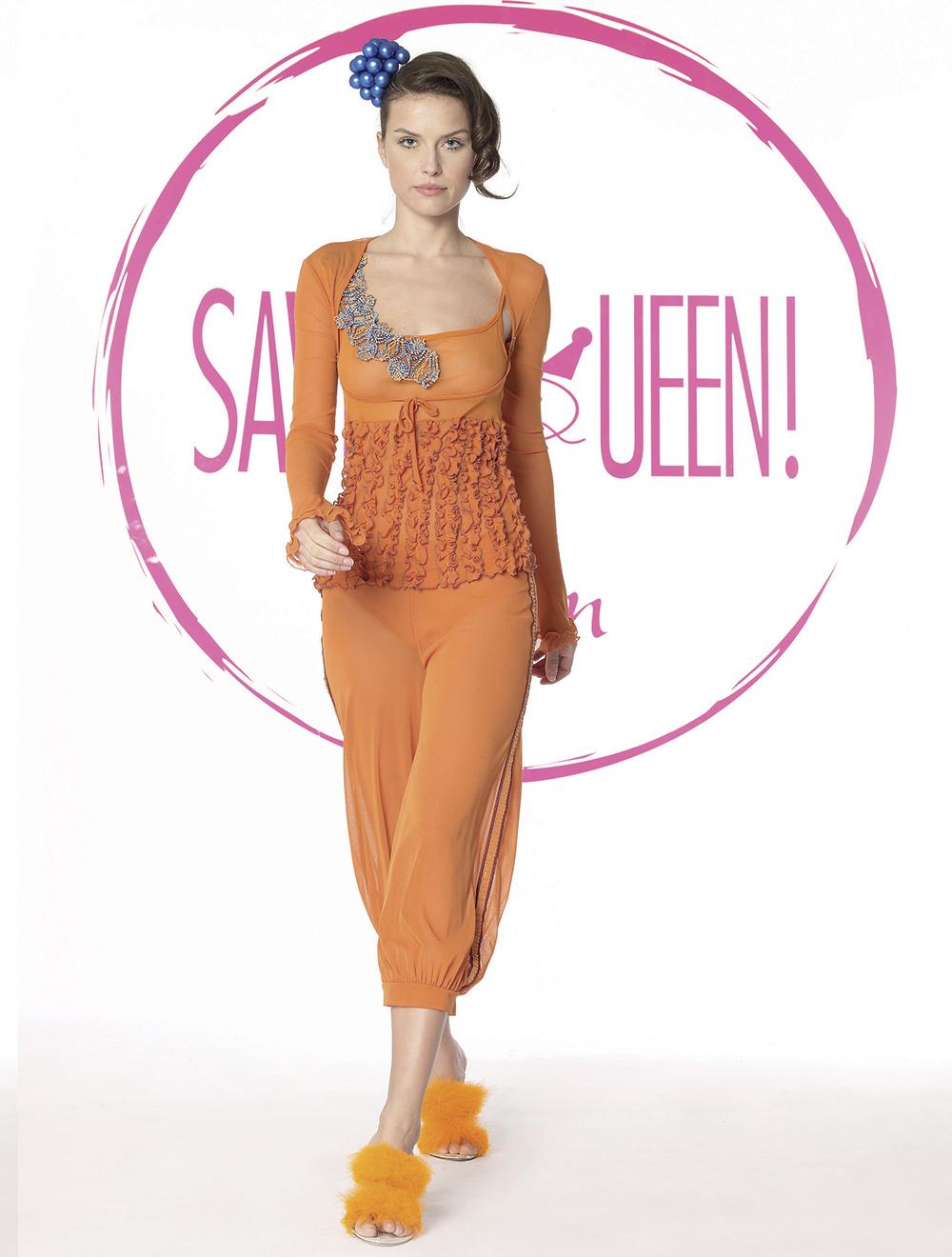 Save The Queen Pigiama in tulle arancio elasticizzato con ricami con bolero coordinato